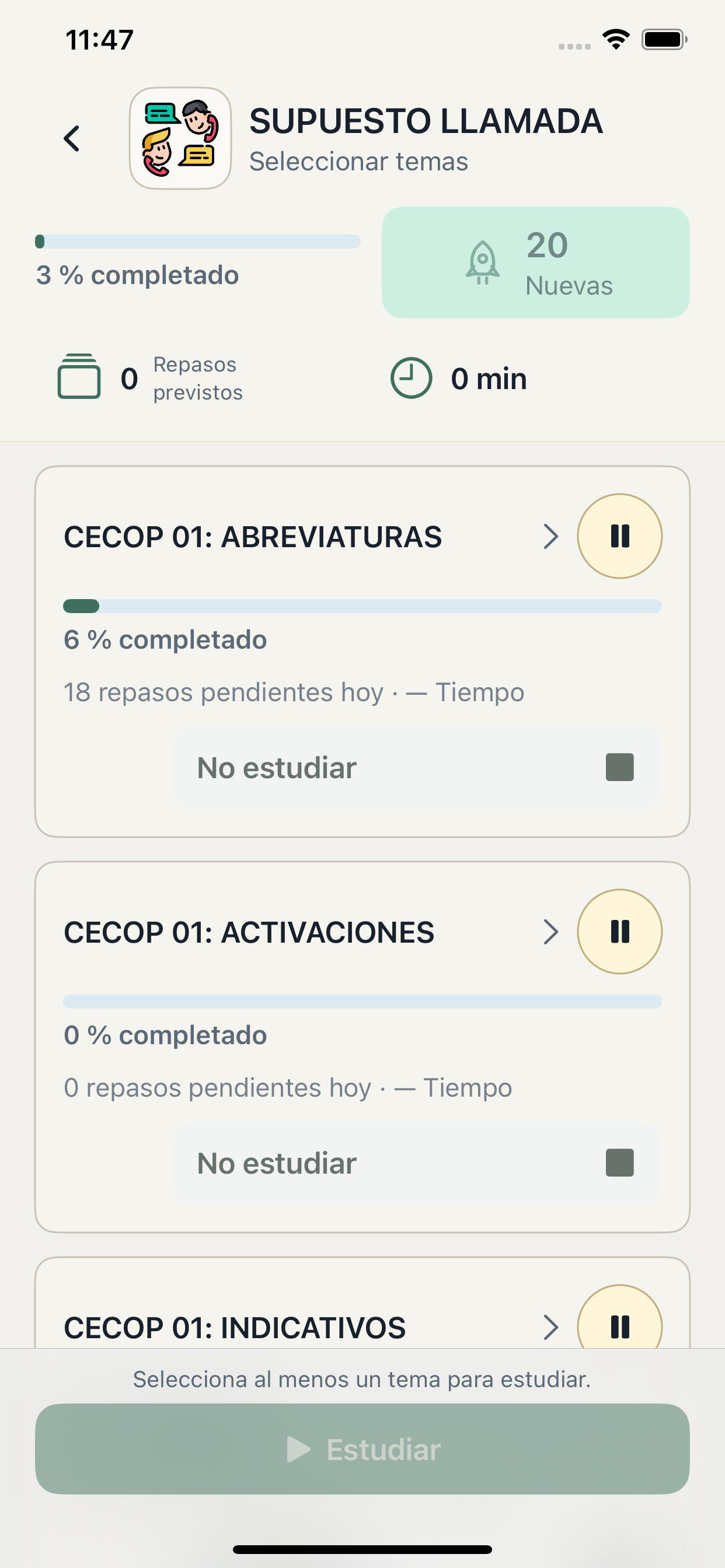 Selección de temas del memorizador de CECOP