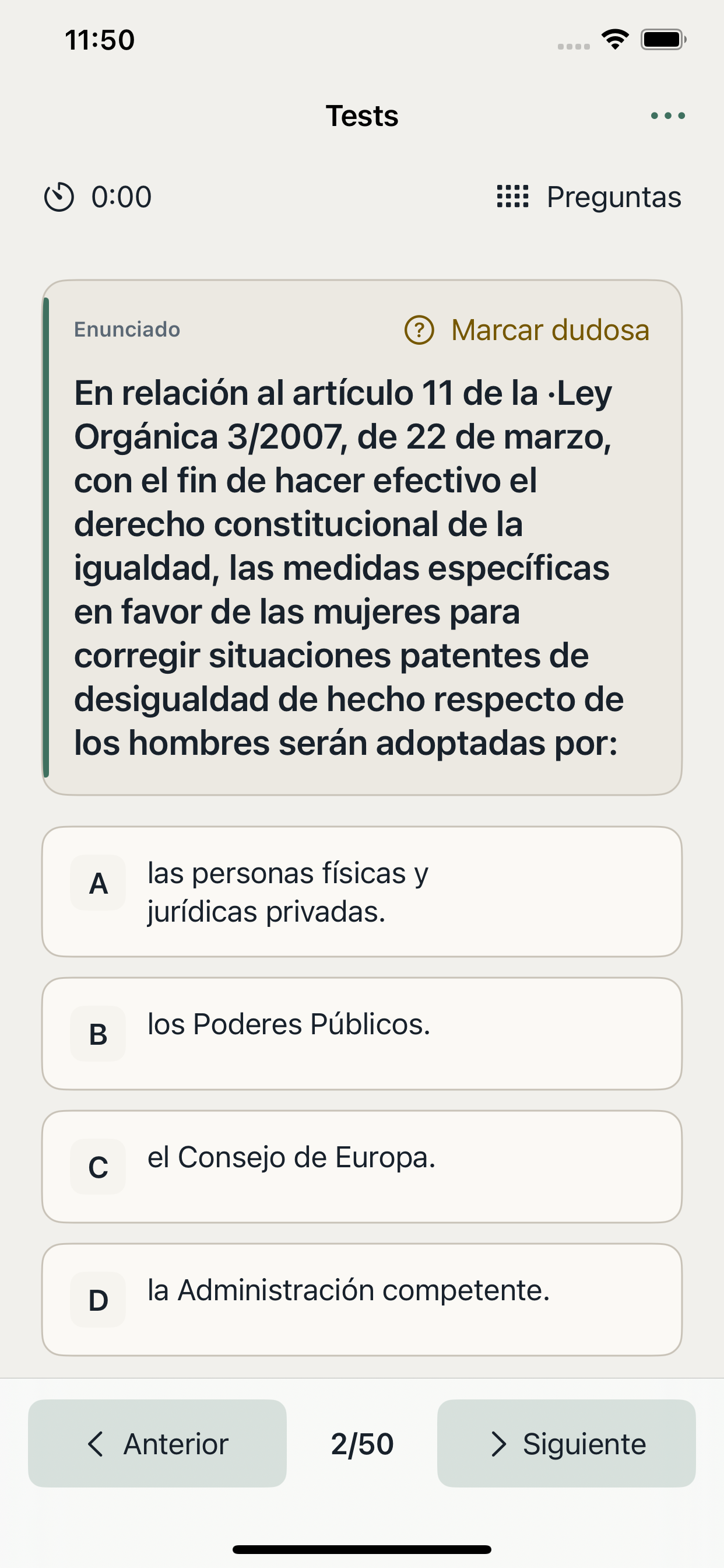 Pregunta de test en la app Mimoriza CECOP